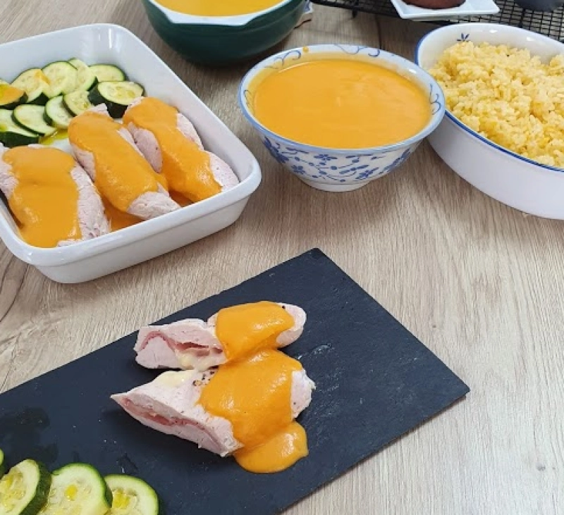 MENÚ COMPLETO DE CREMA CALABAZA, PECHUGAS RELLENAS , ARROZ Y PUDINS DE CHOCO