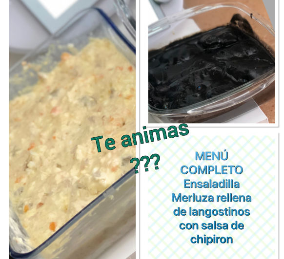 ENSALADILLA Y MERLUZA RELLENA DE LANGOSTINOS Y SALSA DE CHIPIRON —- MENU COMPLETO